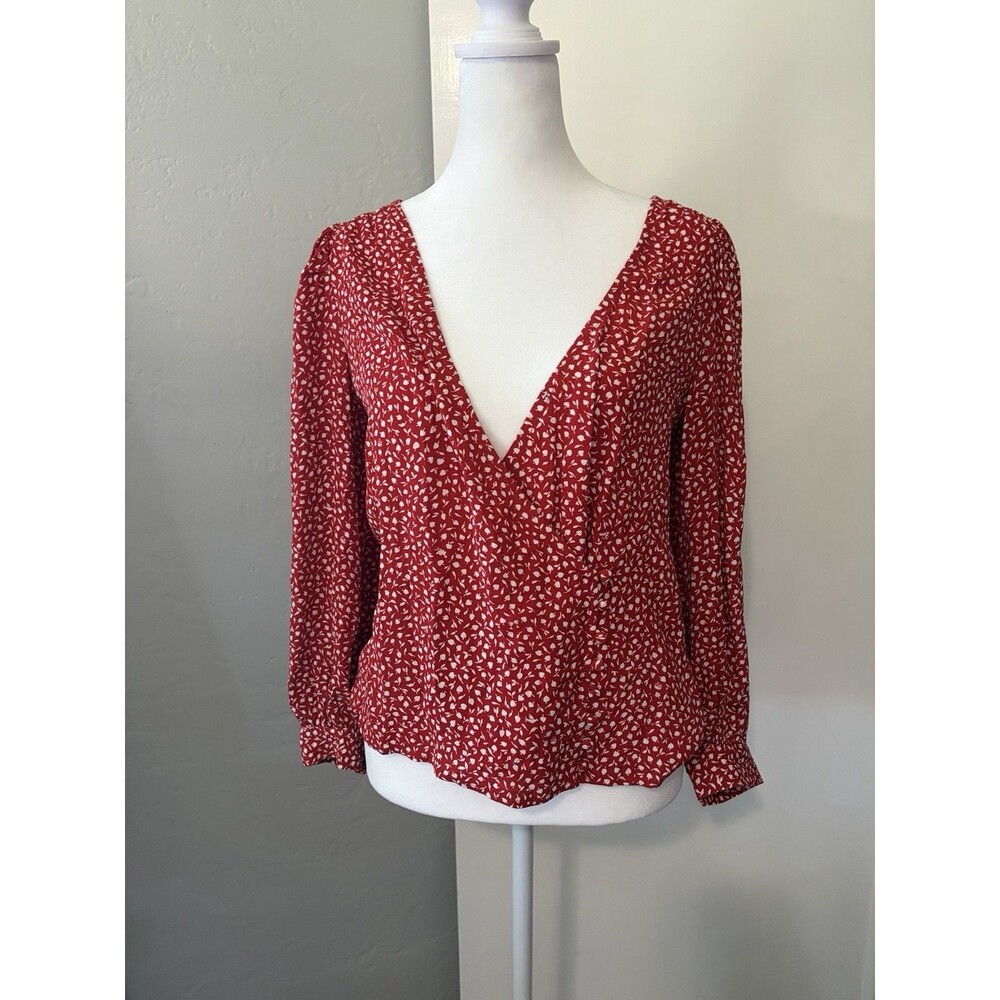 Madewell Viscose XXS Red Floral Wrap Blouse Puff Sleeve V Neck Button Front NWT
